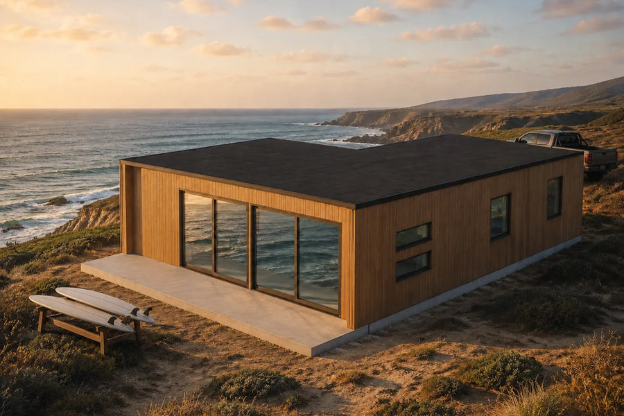 Modelo La Boca 74 m² frente al mar al atardecer, con tablas de surf apoyadas en la terraza