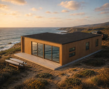 Modelo La Boca 74 m² frente al mar al atardecer, con tablas de surf apoyadas en la terraza