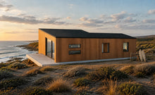 Modelo La Boca 74 m² sobre la costa, con tabla de surf junto al acceso