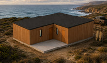 Vista de la esquina del Modelo La Boca 74 m² con las tablas de surf y la camioneta