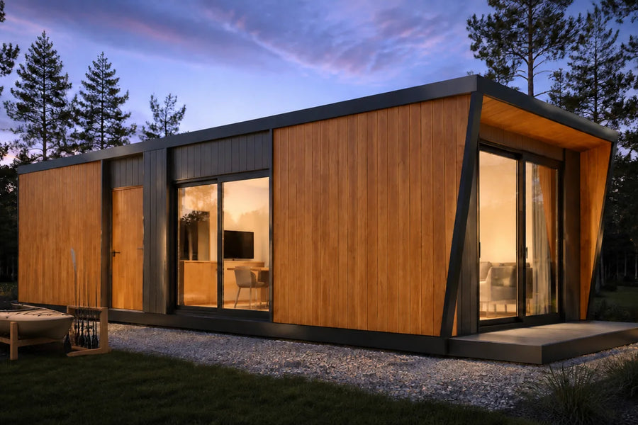 Modelo Mirador 24 m² al atardecer en el bosque, con fogata encendida frente al ventanal