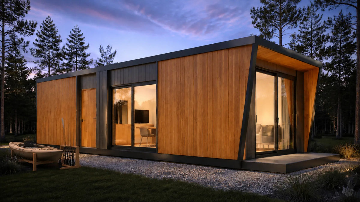 Modelo Mirador 24 m² al atardecer en el bosque, con fogata encendida frente al ventanal