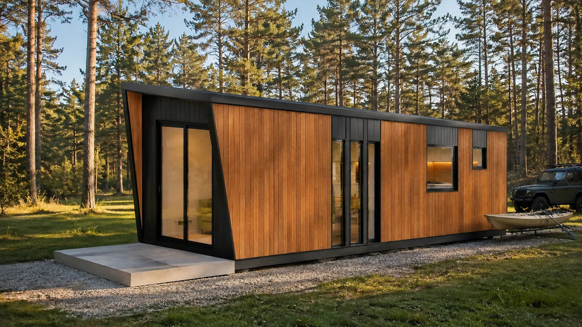 Vista posterior del Modelo Mirador 24 m² con el acceso y la terraza de hormigón