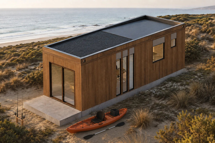 Modelo Nido 24 m² sobre las dunas frente al mar, con kayak y cañas de pesca junto a la terraza