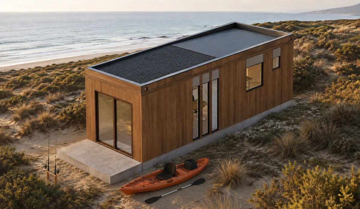 Modelo Nido 24 m² sobre las dunas frente al mar, con kayak y cañas de pesca junto a la terraza
