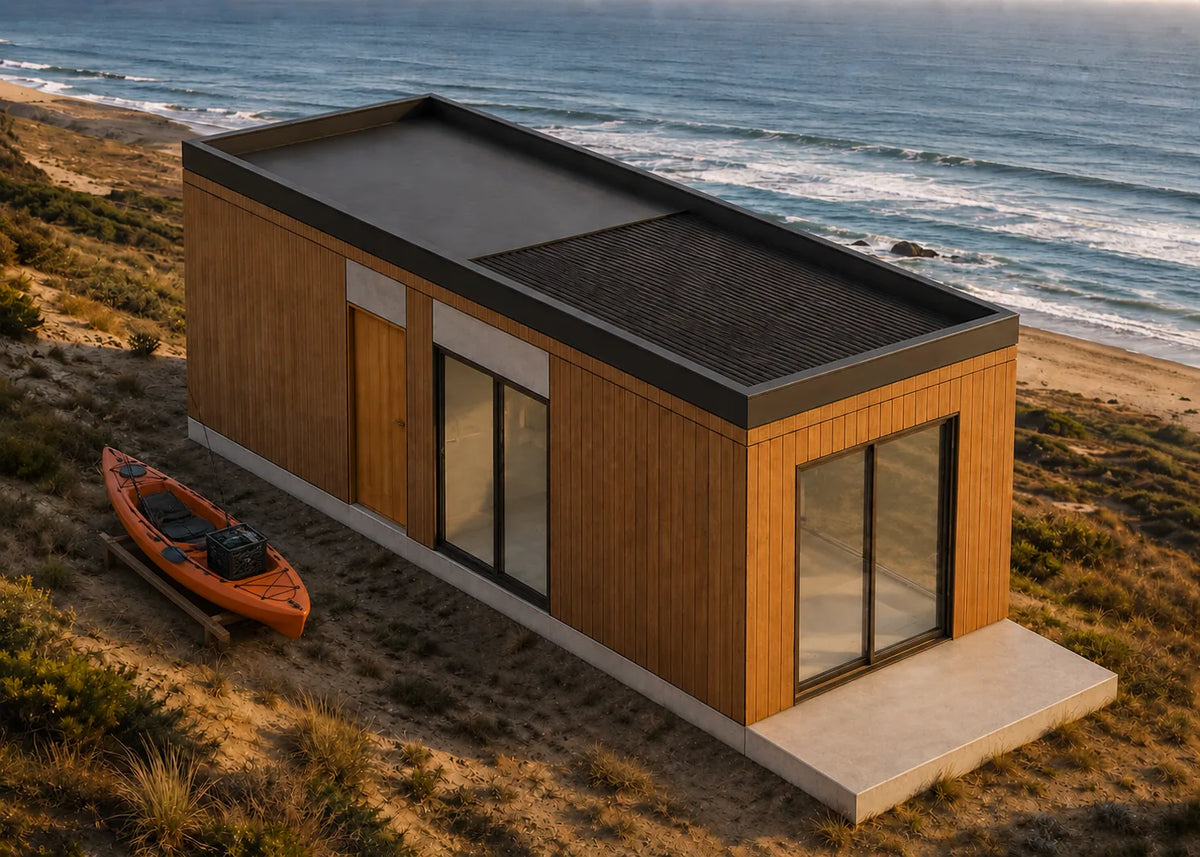 Vista lateral del Modelo Nido 24 m² con el kayak apoyado en la fachada de madera