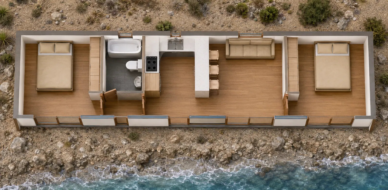 Planta amoblada del Modelo Bahía 36 m²