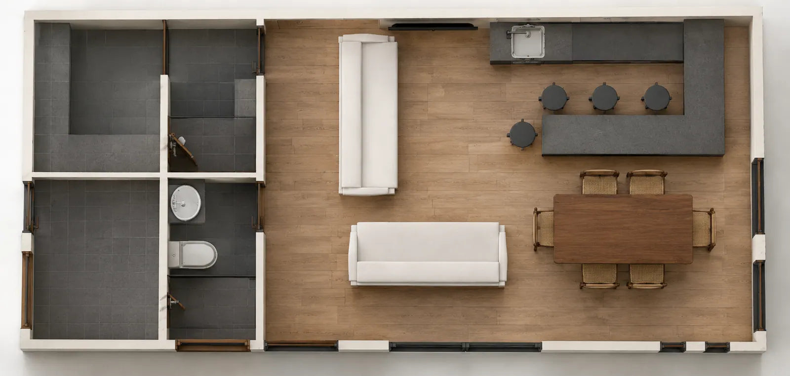 Planta amoblada del Modelo Quincho 40 m²