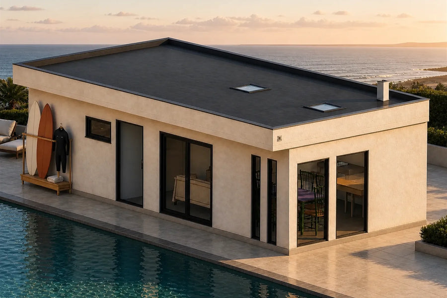 Modelo Quincho 40 m² junto a la piscina, con tablas de surf apoyadas en el muro y el mar al fondo