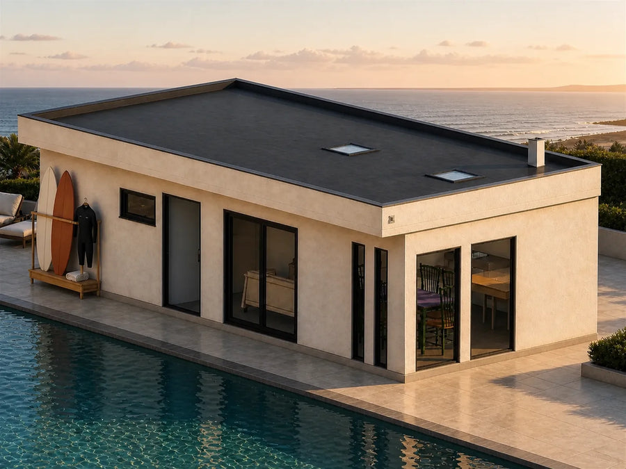 Modelo Quincho 40 m² junto a la piscina, con tablas de surf apoyadas en el muro y el mar al fondo