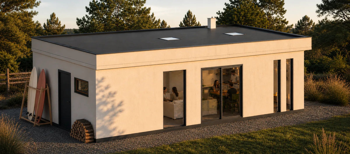 Modelo Quincho 40 m² en el bosque al anochecer, con tablas de surf junto al acceso