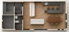 Planta 3D amoblada del Modelo Quincho 40 m²: quincho, sauna, bodega, vestidor y baño