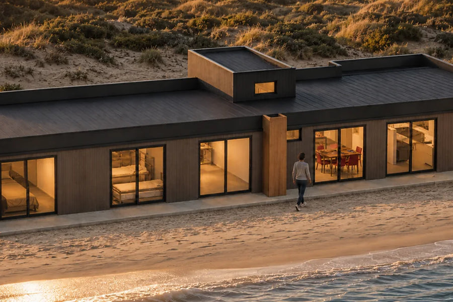 Modelo Totoralillo 110 m² al borde de la playa al atardecer, con kayak en la orilla