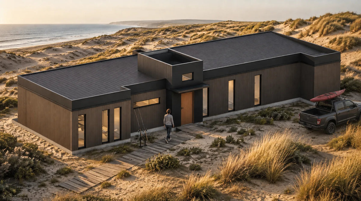 Modelo Totoralillo 110 m² entre las dunas, con kayak y camioneta junto al acceso