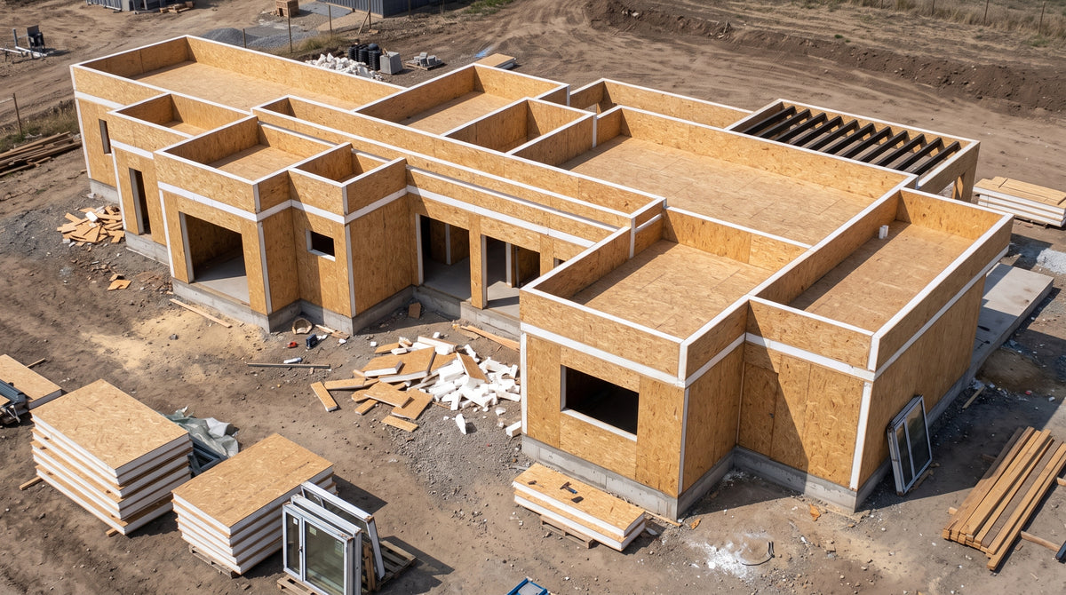 Panelizado SIP del Modelo Valle 203 m² montado en obra, con paneles apilados junto a la casa