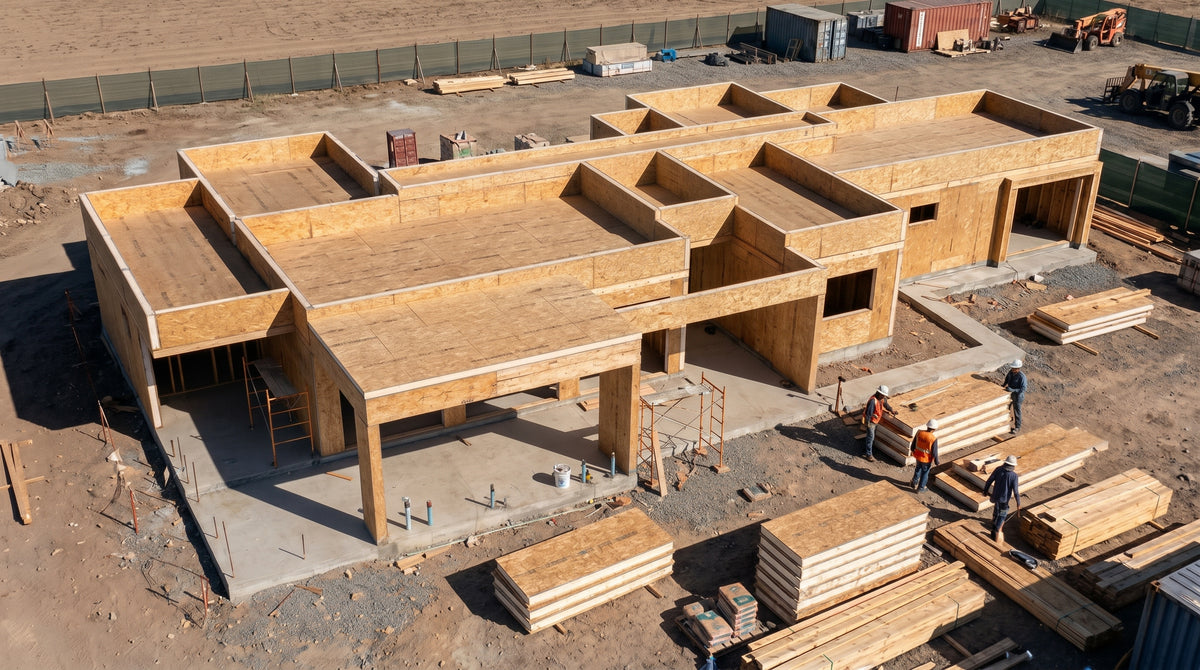 Vista aérea del Modelo Valle 203 m² en construcción con estructura de paneles SIP