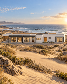 Modelo Valle 203 m² frente al mar al atardecer, fachada blanca continua de un piso