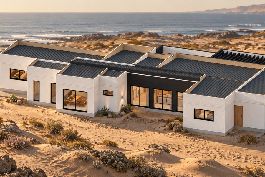 Vista aérea del Modelo Valle 203 m² entre las dunas, con cubiertas metálicas y pérgola