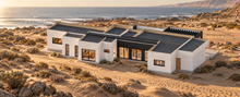 Vista aérea del Modelo Valle 203 m² entre las dunas, con cubiertas metálicas y pérgola