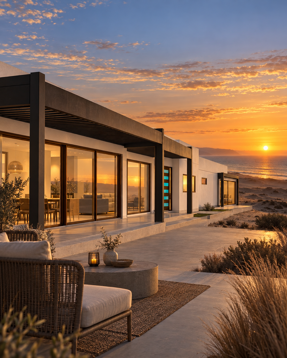 Terraza cubierta del Modelo Valle 203 m² al atardecer, con ventanales corredizos al living