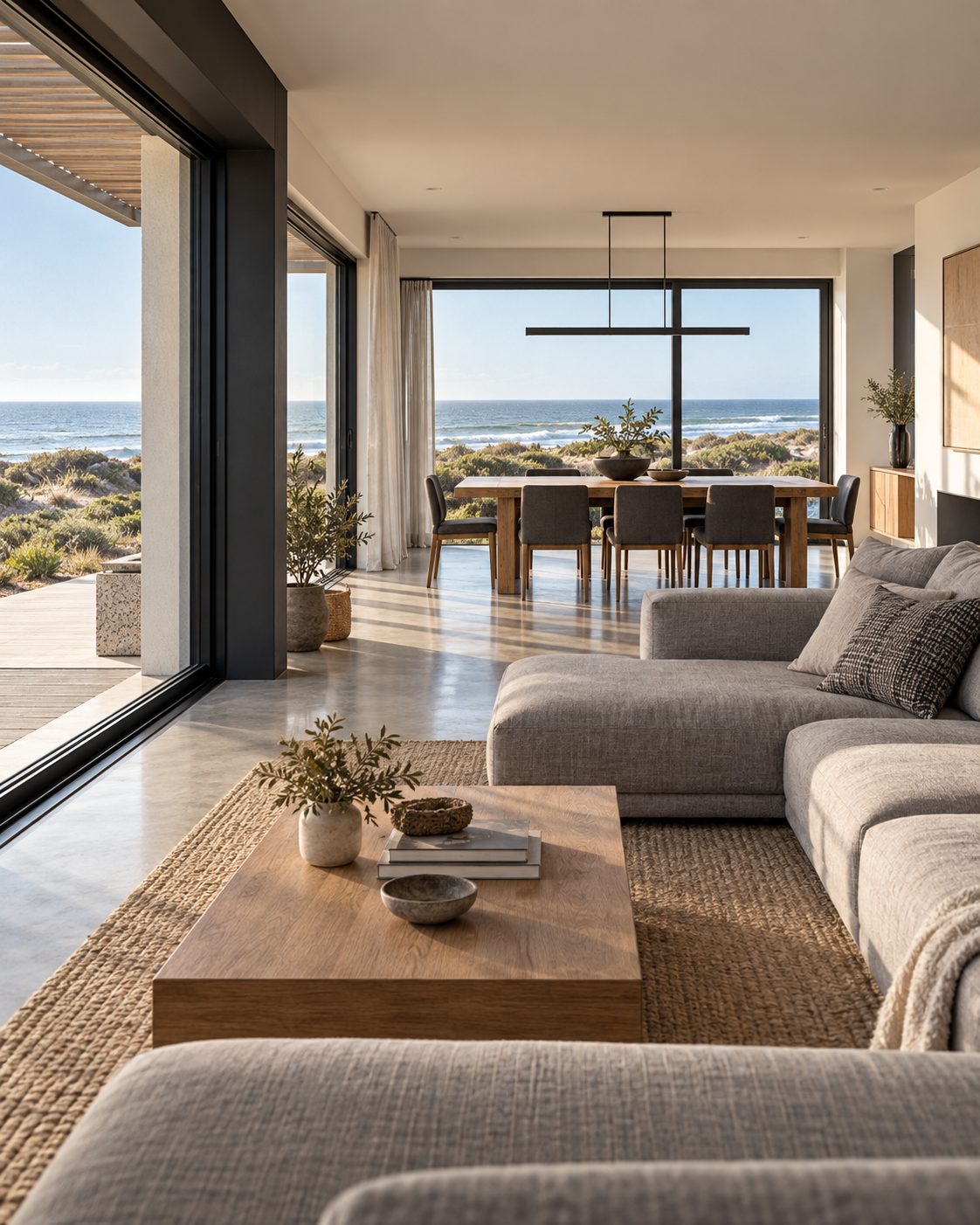 Living y comedor del Modelo Valle 203 m² en un espacio continuo con vista al mar