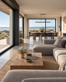 Living y comedor del Modelo Valle 203 m² en un espacio continuo con vista al mar