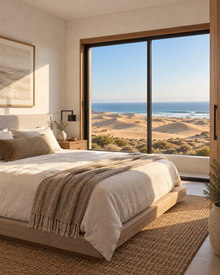 Dormitorio principal del Modelo Valle 203 m² con ventanal hacia las dunas
