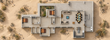 Planta 3D amoblada del Modelo Valle 203 m²: tres dormitorios, tres baños y área social continua